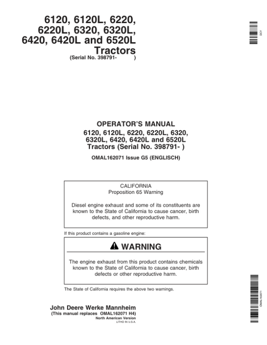 John Deere 6120, 6220, 6320, 6420, 6120L, 6220L, 6320L, 6420L & 6520L Tractors Operator’s Manual (OMAL162071) Workshop Guide