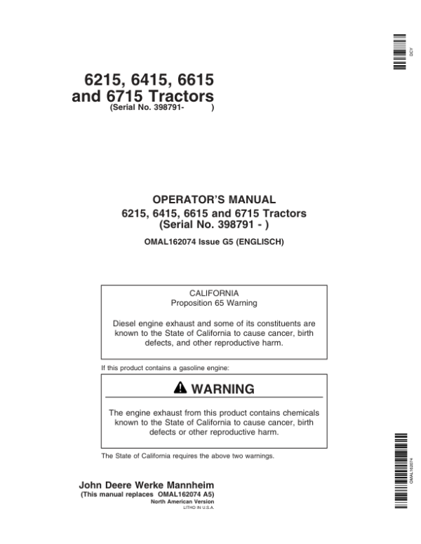 John Deere 6215, 6415, 6615, 6715 Tractor (398791-) (North American) Operator’s Manual (OMAL162074) Workshop Guide