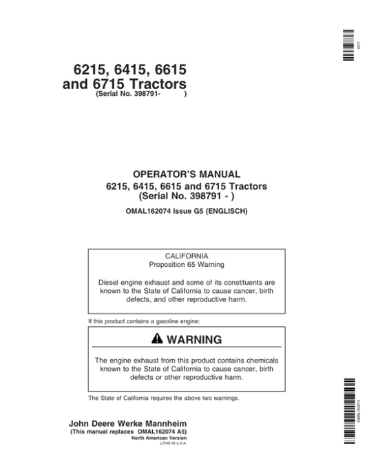 John Deere 6215, 6415, 6615, 6715 Tractor (398791-) (North American) Operator’s Manual (OMAL162074) Workshop Guide