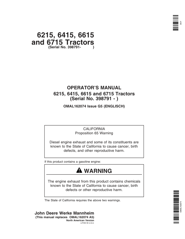 John Deere 6215, 6415, 6615, 6715 Tractor (398791-) (North American) Operator’s Manual (OMAL162074) Workshop Guide