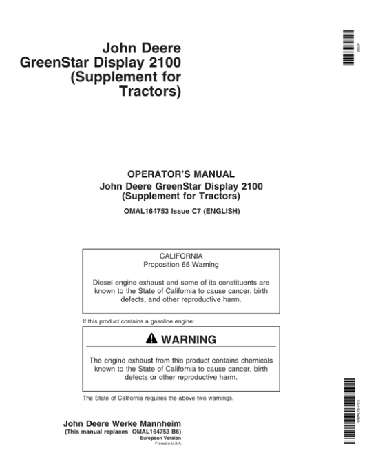 John Deere GreenStar Display 2100 (Supplement for Tractors) Operator’s Manual (OMAL164753) Workshop Guide