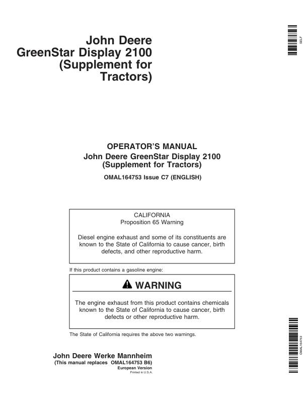 John Deere GreenStar Display 2100 (Supplement for Tractors) Operator’s Manual (OMAL164753) Workshop Guide