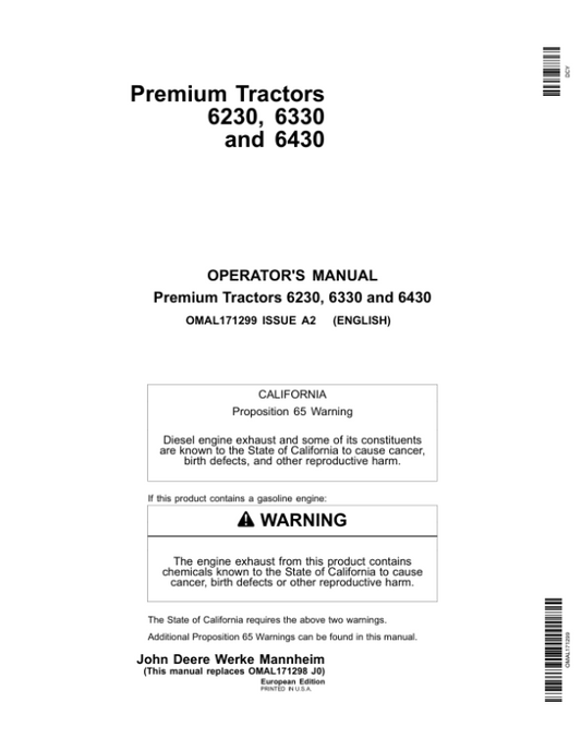 John Deere 6230, 6330 & 6430 Premium Tractors Operator’s Manual (OMAL171299) Workshop Guide