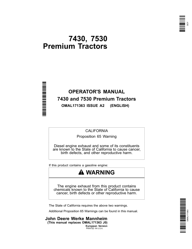 John Deere 7430 & 7530 Premium Tractors Operator’s Manual (OMAL171363) Workshop Guide