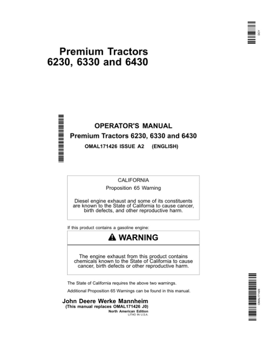 John Deere 6230, 6330 & 6430 Premium Tractors Operator’s Manual (OMAL171426) Workshop Guide