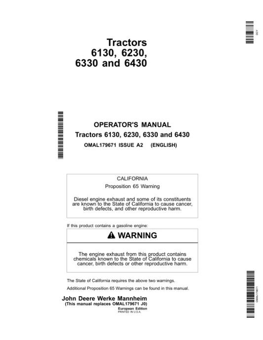 John Deere 6130, 6230, 6330 & 6430 Tractors Operator’s Manual (OMAL179671) Workshop Guide