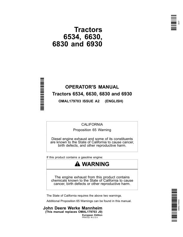 John Deere 6534, 6630, 6830 & 6930 Tractors Operator’s Manual (OMAL179703) Workshop Guide