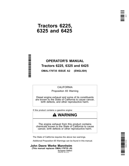 John Deere 6225, 6325 & 6425 Tractors Operator’s Manual (OMAL179735) Workshop Guide