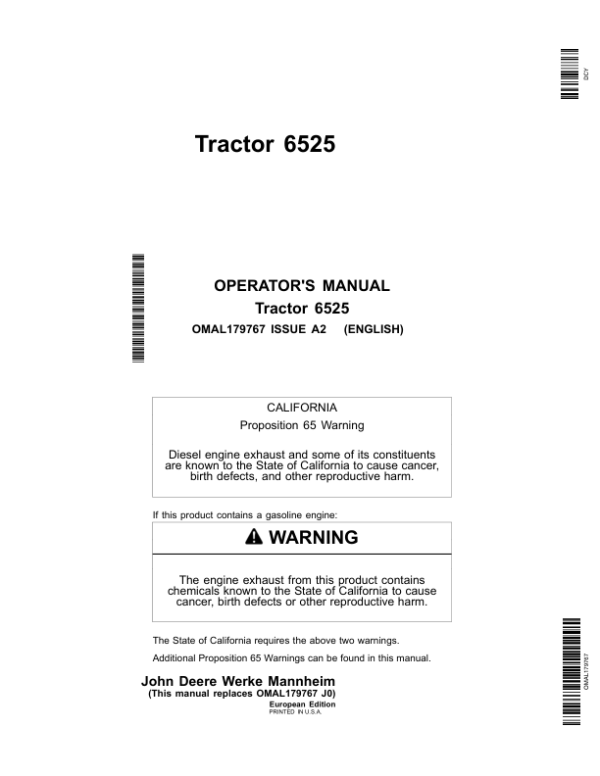 John Deere 6525 Tractors Operator’s Manual (OMAL179767) Workshop Guide