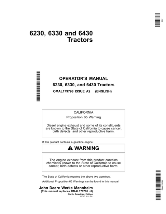 John Deere 6230, 6330 & 6430 Tractors Operator’s Manual (OMAL179798) Workshop Guide