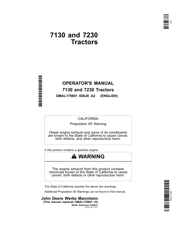 John Deere 7130, 7230 Tractor Operator’s Manual (OMAL179801) Workshop Guide