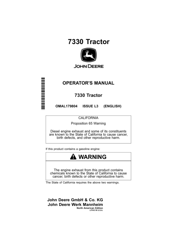 John Deere 7330 Tractor (North American) Operator’s Manual (OMAL179804) Workshop Guide