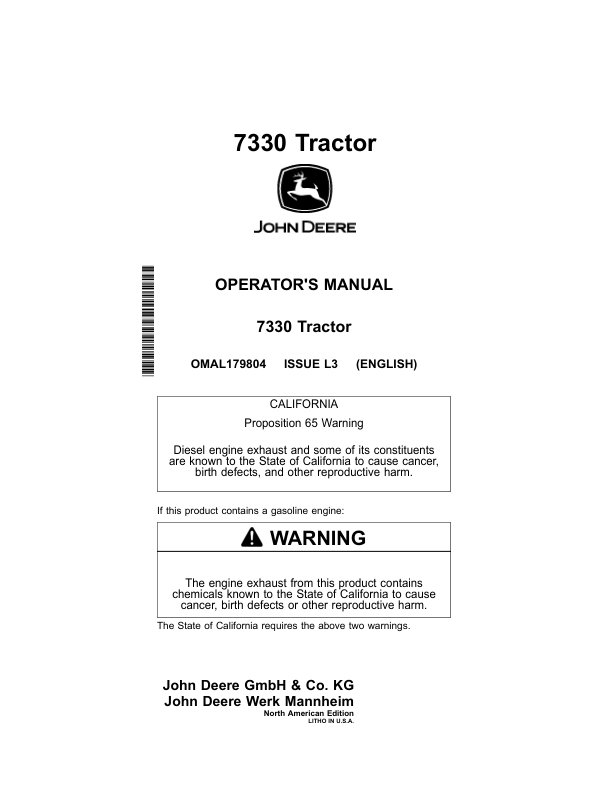 John Deere 7330 Tractor (North American) Operator’s Manual (OMAL179804) Workshop Guide