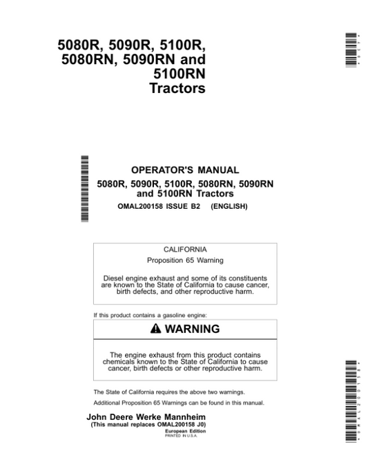 John Deere 5080R, 5090R, 5100R, 5080RN, 5090RN & 5100RN Tractors Operator’s Manual (OMAL200158) Workshop Guide