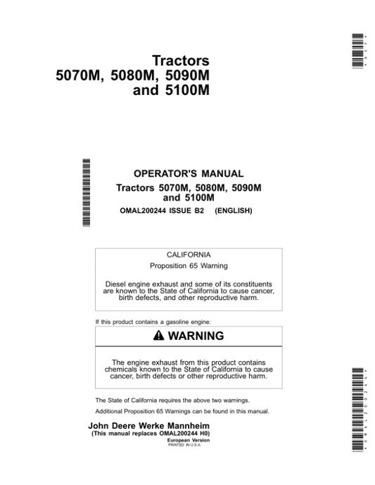 John Deere 5070M, 5080M, 5090M & 5100M Tractors Operator’s Manual (OMAL200244) Workshop Guide