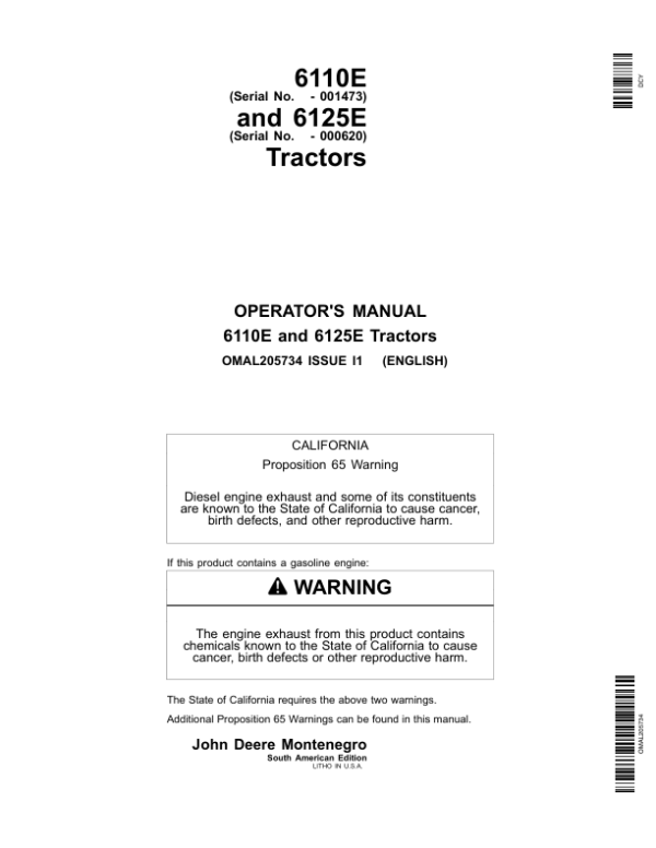 John Deere 6110E (-001473), 6125E (-000620) Tractors Operator’s Manual (OMAL205734) Workshop Guide