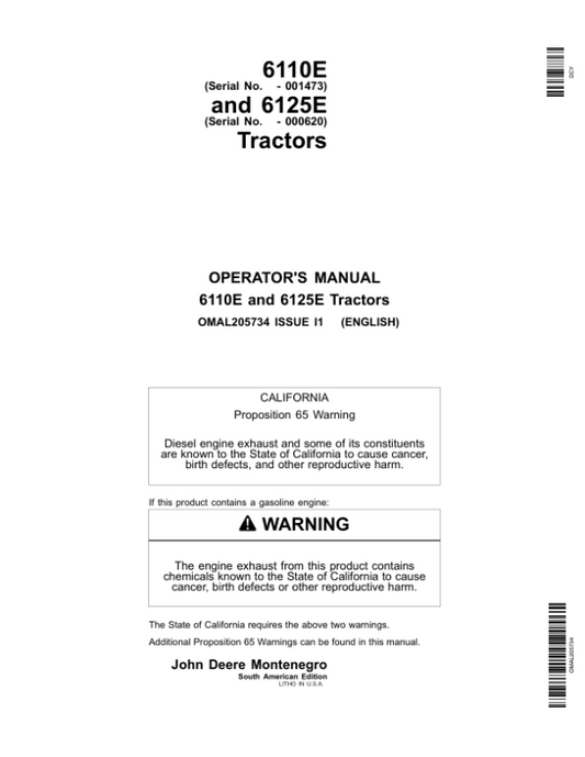 John Deere 6110E (-001473), 6125E (-000620) Tractors Operator’s Manual (OMAL205734) Workshop Guide