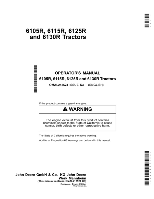 John Deere 6105R, 6115R, 6125R & 6130R Tractors (Europe/Export Edition) Operator’s Manual (OMAL212524) Workshop Guide
