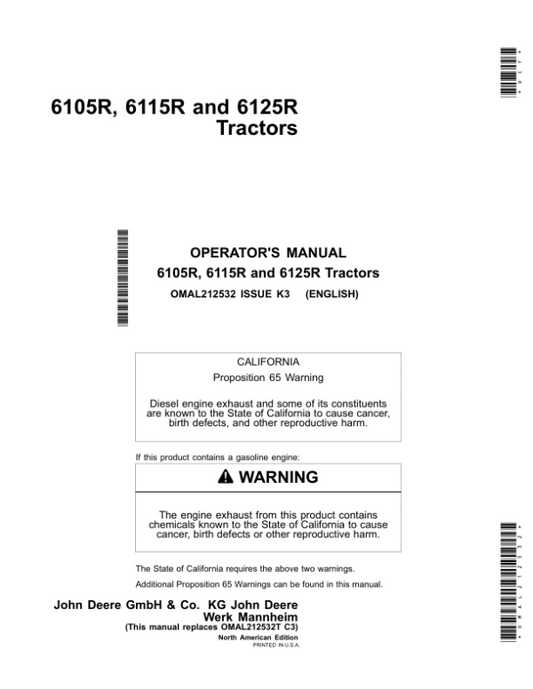 John Deere 6105R, 6115R, 6125R Tractors (North American) Operator’s Manual (OMAL212532) Workshop Guide
