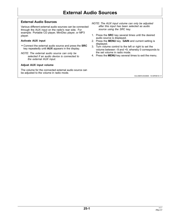 John Deere Standard Radio,Standard Radio withCD, Premium Radio (EU), Premium Radio without CD(U.S.), Premium Radio for North America Operator’s Manual (OMAL212736) Workshop Guide