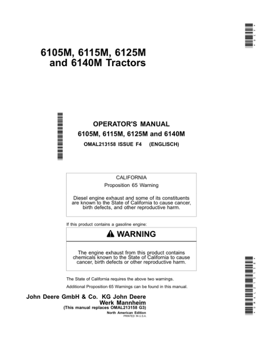 John Deere 6105M, 6115M, 6125M, & 6140M Tractors North America Operator’s Manual (OMAL213158) Workshop Guide