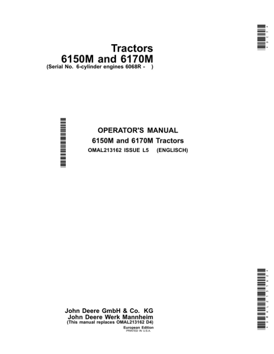 John Deere 6150M, 6170M Tractors (European Edition) Operator’s Manual (OMAL213162) Workshop Guide