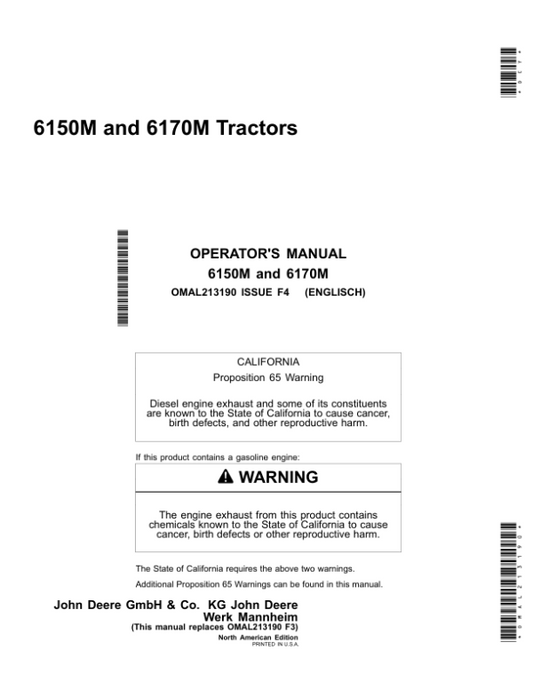 John Deere 6150M, 6170M Tractors (North American) Operator’s Manual (OMAL213190) Workshop Guide