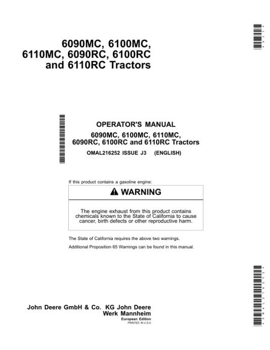 John Deere 6090MC, 6100MC, 6110MC, 6090RC, 6100RC & 6110RC Tractors European Edition Operator’s Manual (OMAL216252) Workshop Guide