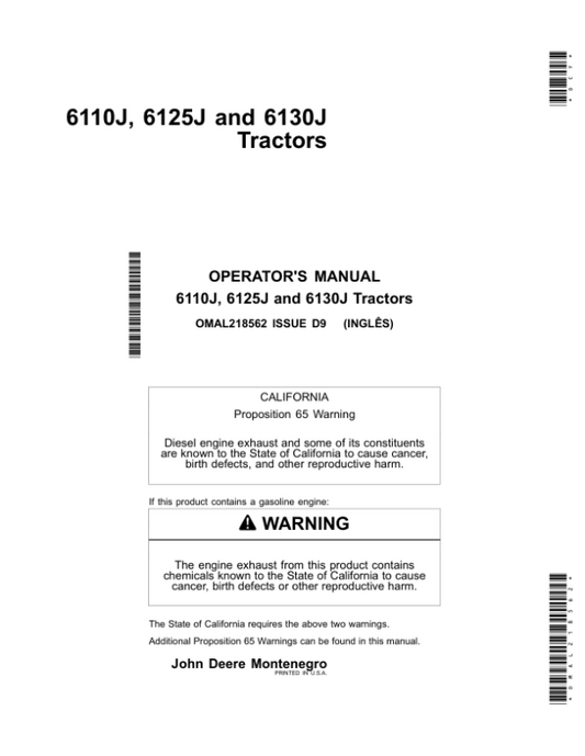 John Deere 6110J, 6125J & 6130J Tractors Operator’s Manual (OMAL218562) Workshop Guide