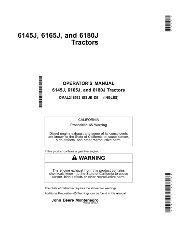 John Deere 6145J, 6165J & 6180J Tractors (Manufactured in Montenegro) Operator’s Manual (OMAL218563) Workshop Guide