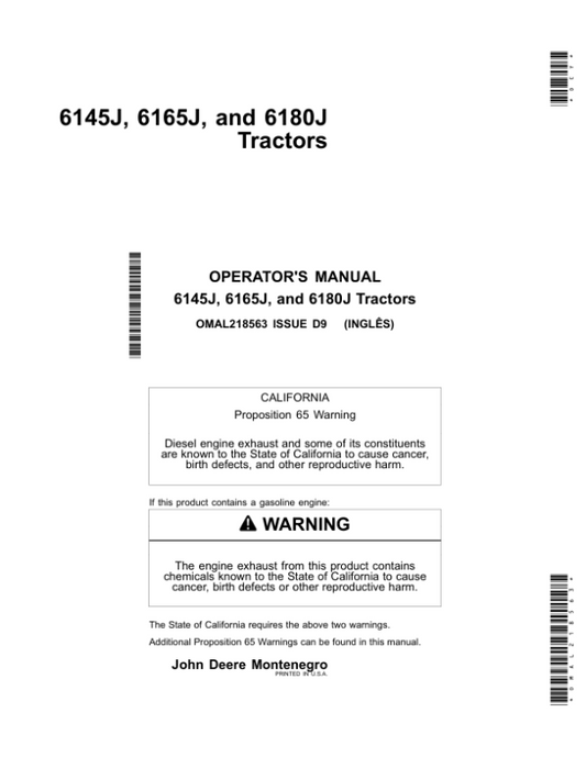 John Deere 6145J, 6165J & 6180J Tractors (Manufactured in Montenegro) Operator’s Manual (OMAL218563) Workshop Guide