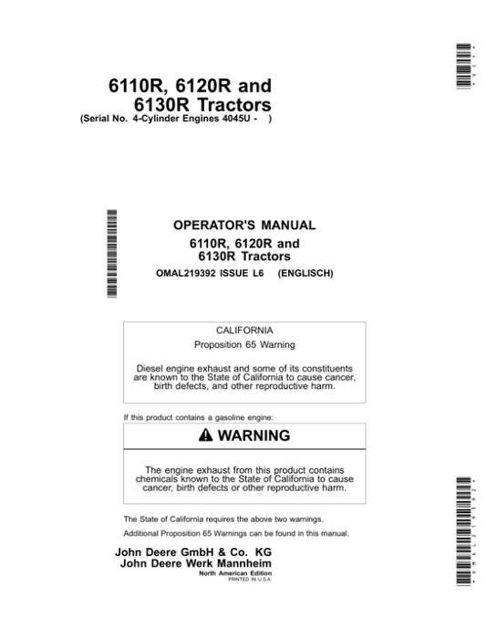 John Deere 6110R, 6120R & 6130R Tractors w/4-Cylinder Engines 4045U Operator’s Manual (OMAL219392) Workshop Guide