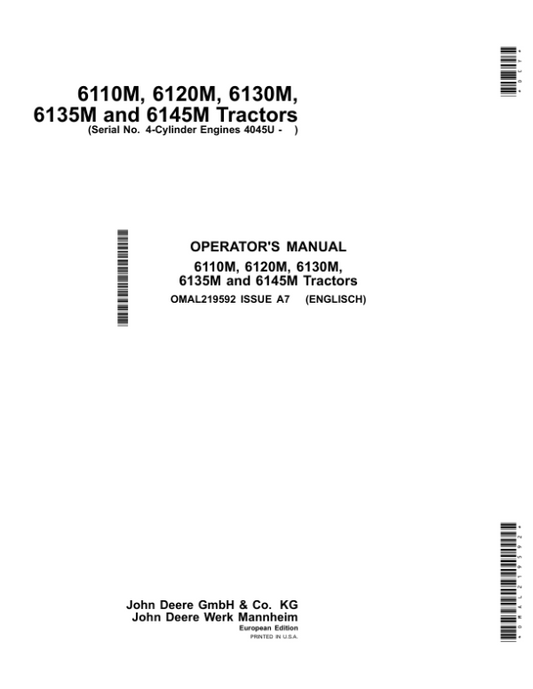 John Deere 6110M, 6120M, 6130M, 6135M, 6145M Tractors with 4-Cyl. Eng. 4045U (Europe) (MY2016-2017) Operator’s Manual (OMAL219592) Workshop Guide
