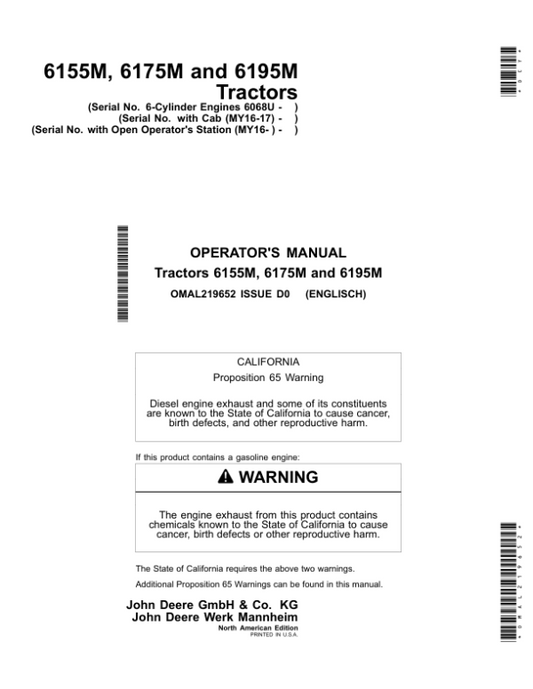 John Deere 6155M, 6175M & 6195M Tractors with Cab (MY2016-MY2017) with Open Operator’s Station (MY2016-) (6-cylinder engines 6068U) Operator’s Manual (OMAL219652) Workshop Guide