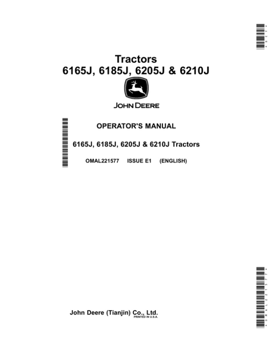 John Deere 6165J, 6185J, 6205J, 6210J Tractors (MY2015-) (Asia) Operator’s Manual (OMAL221577) Workshop Guide