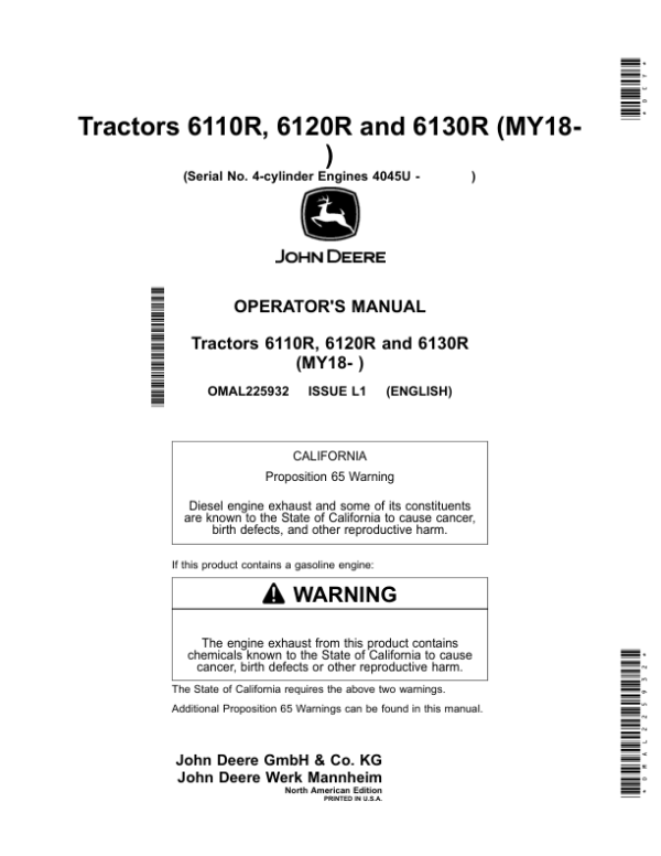 John Deere Tractors 6110R, 6120R, 6130R (MY2018-) 4-cylinder Engines 4045U (North American) Operator’s Manual (OMAL225932) Workshop Guide