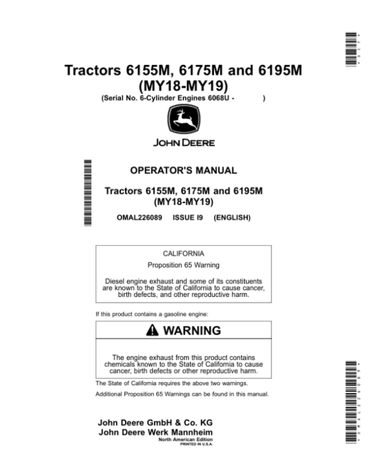 John Deere 6155M, 6175M, 6195M Tractors (6-Cylinder Engines 6068U) Operator’s Manual (OMAL226089) Workshop Guide