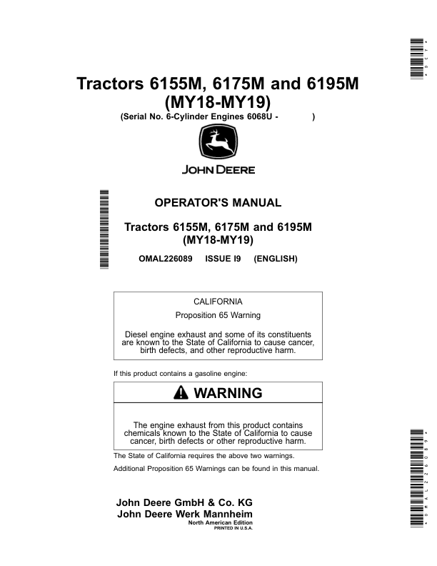 John Deere 6155M, 6175M, 6195M Tractors (6-Cylinder Engines 6068U) Operator’s Manual (OMAL226089) Workshop Guide