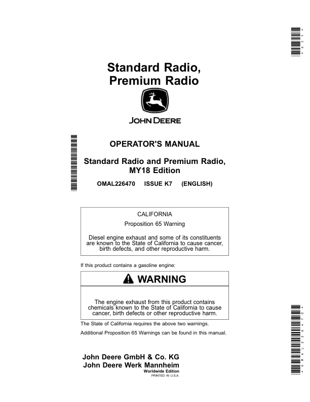 John Deere Standard Radio, Premium Radio Operator’s Manual (OMAL226470) Workshop Guide