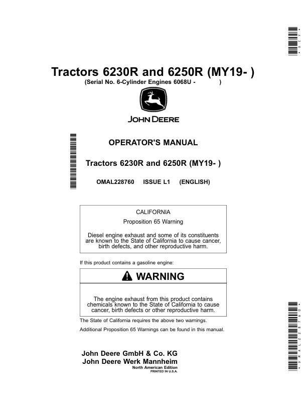 John Deere Tractors 6230R, 6250R (MY2019- ) 6-Cylinder Engines 6068U (North American) Operator’s Manual (OMAL228760) Workshop Guide