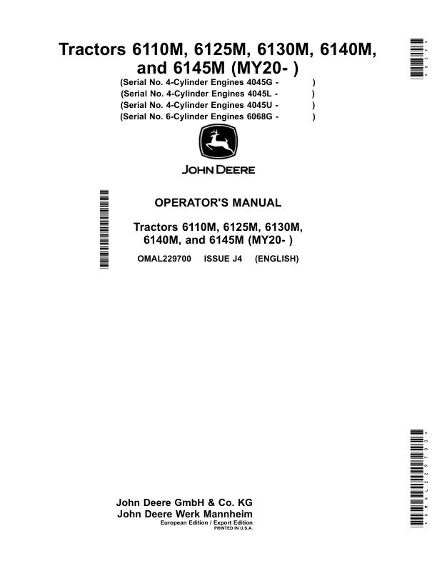 John Deere Tractors 6110M, 6125M, 6130M, 6140M, 6145M (MY20- ) Operator’s Manual (OMAL229700) Workshop Guide
