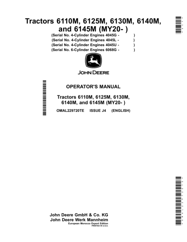 John Deere Tractors 6110M, 6125M, 6130M, 6140M, 6145M (MY20- ) Operator’s Manual (OMAL229720TE) Workshop Guide