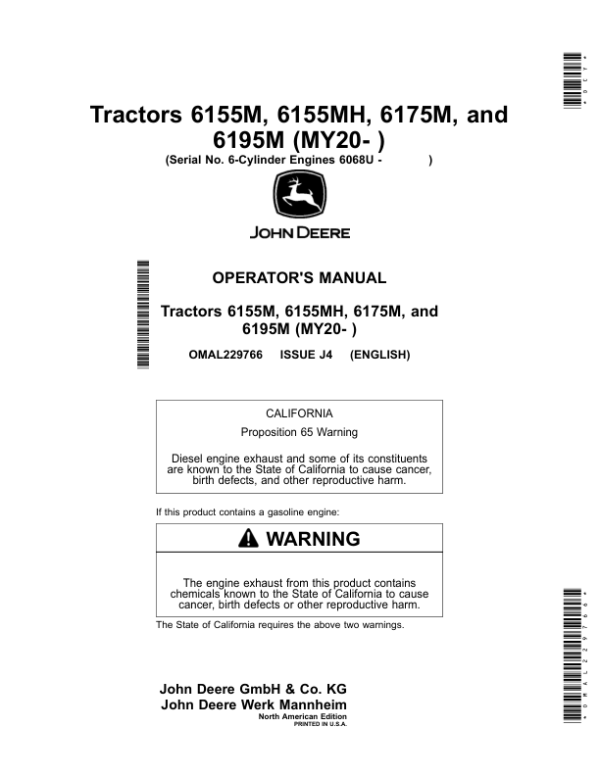 John Deere Tractors 6155M, 6155MH, 6175M, 6195M (MY20- ) Operator’s Manual (OMAL229766) Workshop Guide