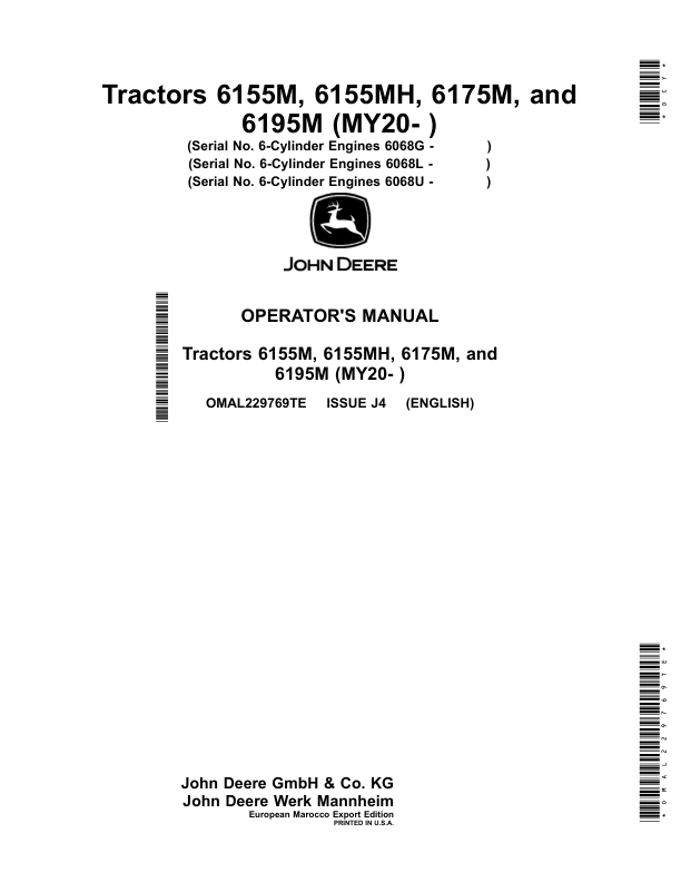 John Deere Tractors 6155M, 6155MH, 6175M, 6195M (MY20- ) Operator’s Manual (OMAL229769TE) Workshop Guide