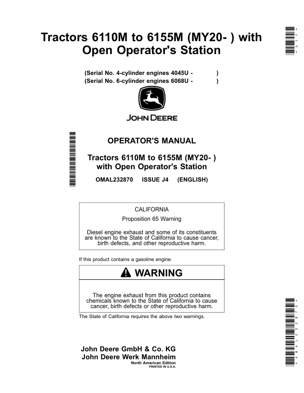 John Deere Tractors 6110M to 6155M (MY20-) with Open Operator’s Station Operator’s Manual (OMAL232870) Workshop Guide