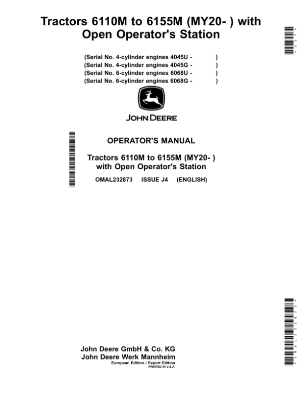 John Deere Tractors 6110M to 6155M (MY20-) with Open Operator’s Station Operator’s Manual (OMAL232873) Workshop Guide