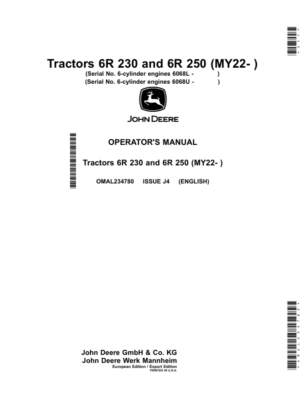 John Deere Tractors 6R 230, 6R 250 (MY22- ) Operator’s Manual (OMAL234780) Workshop Guide