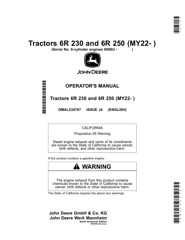 John Deere Tractors 6R 230, 6R 250 (MY22- ) Operator’s Manual (OMAL234787) Workshop Guide