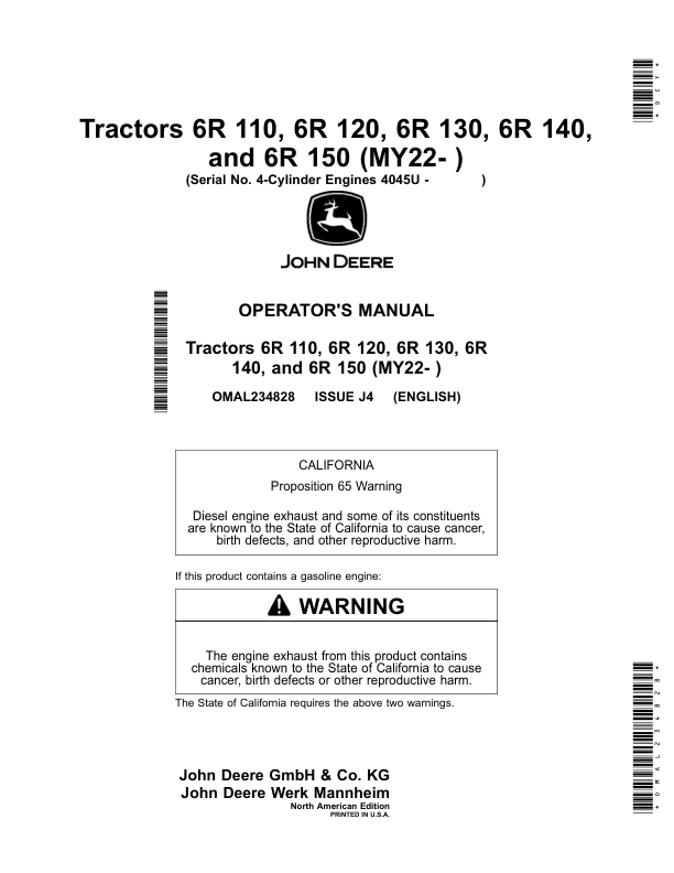 John Deere Tractors 6R 110, 6R 120, 6R 130, 6R 140 (MY22- ) Operator’s Manual (OMAL234828) Workshop Guide
