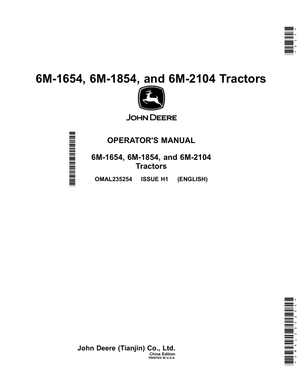 John Deere 6M-1654, 6M-1854, 6M-2104 Tractors (China Edition) Operator’s Manual (OMAL235254) Workshop Guide